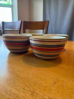 Set of 4 Gallery Striped Ceramic Bowls in Red, Orange, Blue, Green and Cream